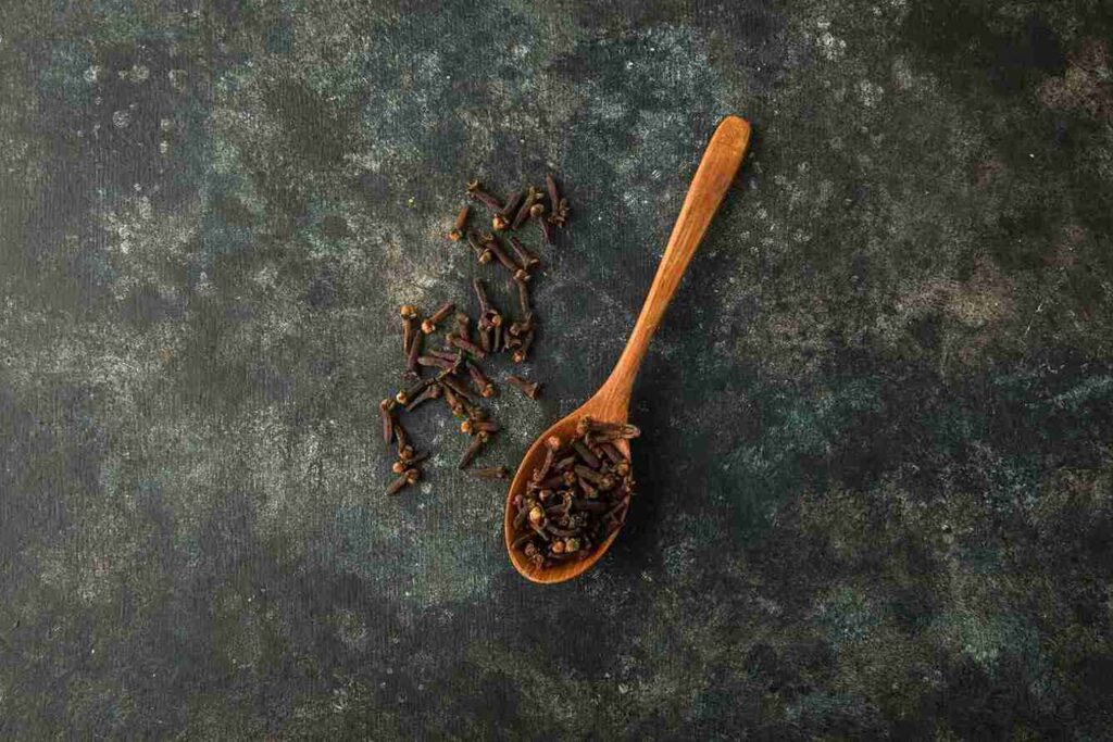 Simplisia cengkeh kering di atas sendok kayu, bahan utama untuk mendapatkan manfaat teh cengkeh.